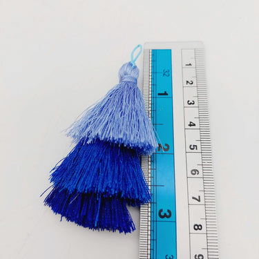 Blue Cotton Tassels in Three Layers, Tassel Charms, Tiered Tassels x 2